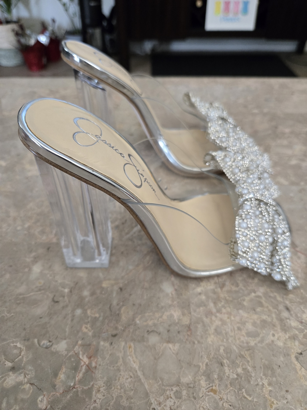 Jessica Simpson Saidah Pearl/ Rhinestone Bow Clear Dress Slide Sandals . Size 5 - Picture 6 of 10